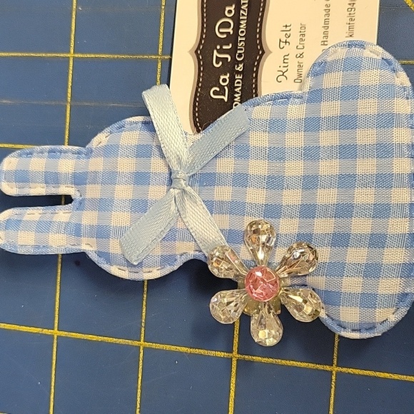 La Ti Da Handmade Creations Gingham Bunny Hair Clip 4" Blue Easter Spring Rabbit - Picture 1 of 2
